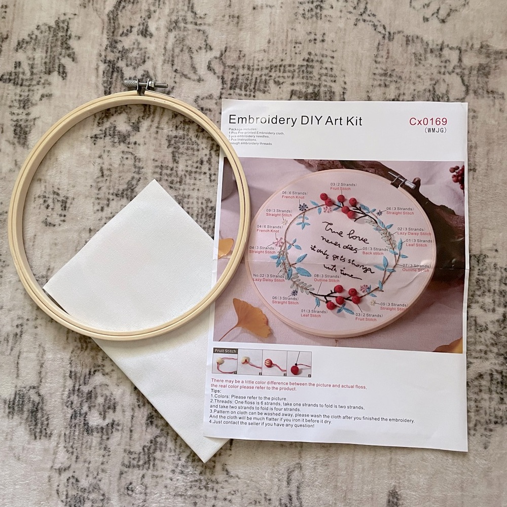 Embroidery DIY Art Kit with Hoop Floral Quote Cottagecore